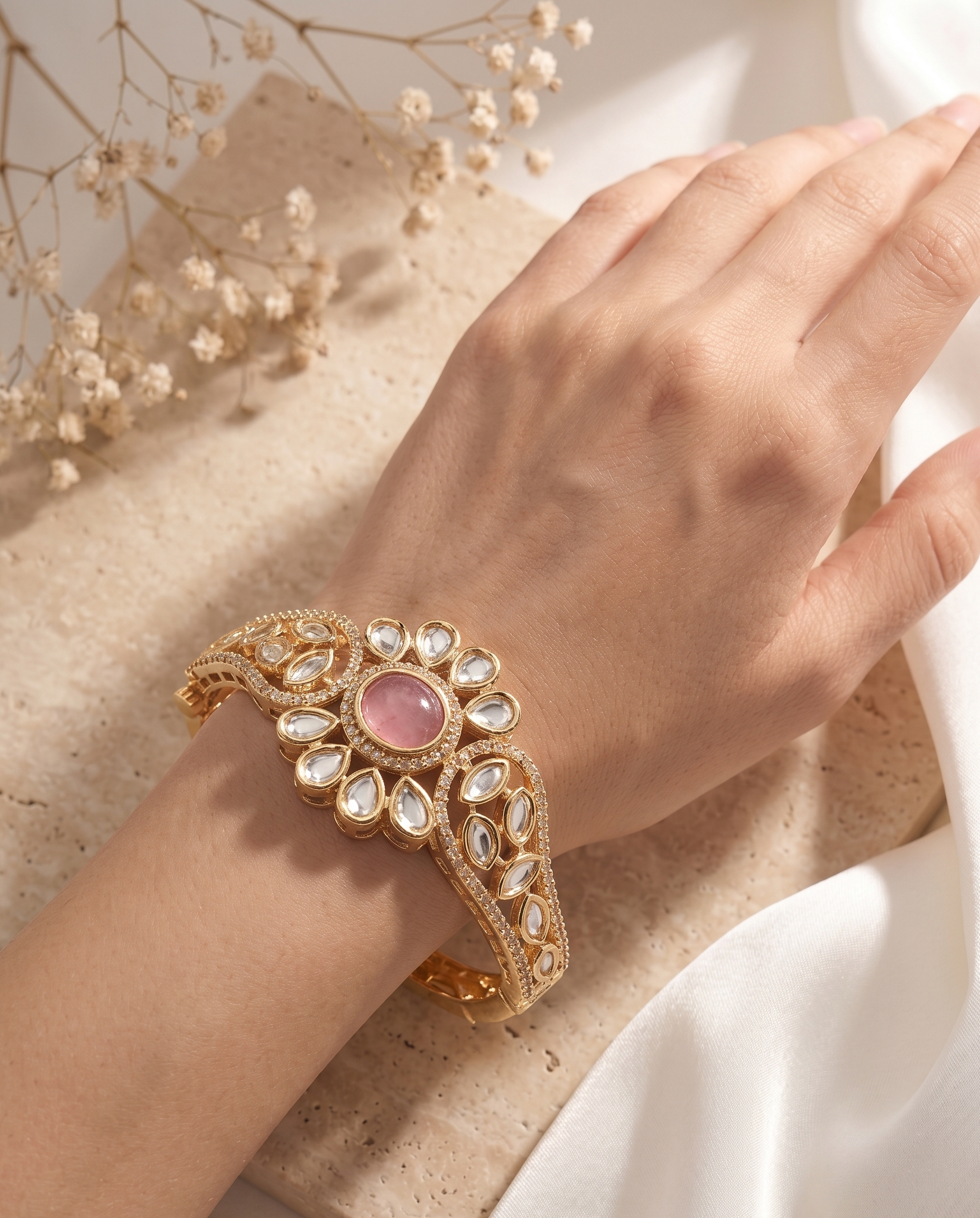 Noorva Floral Kundan  Traditional Polki Style Openable  Bracelet  for Women