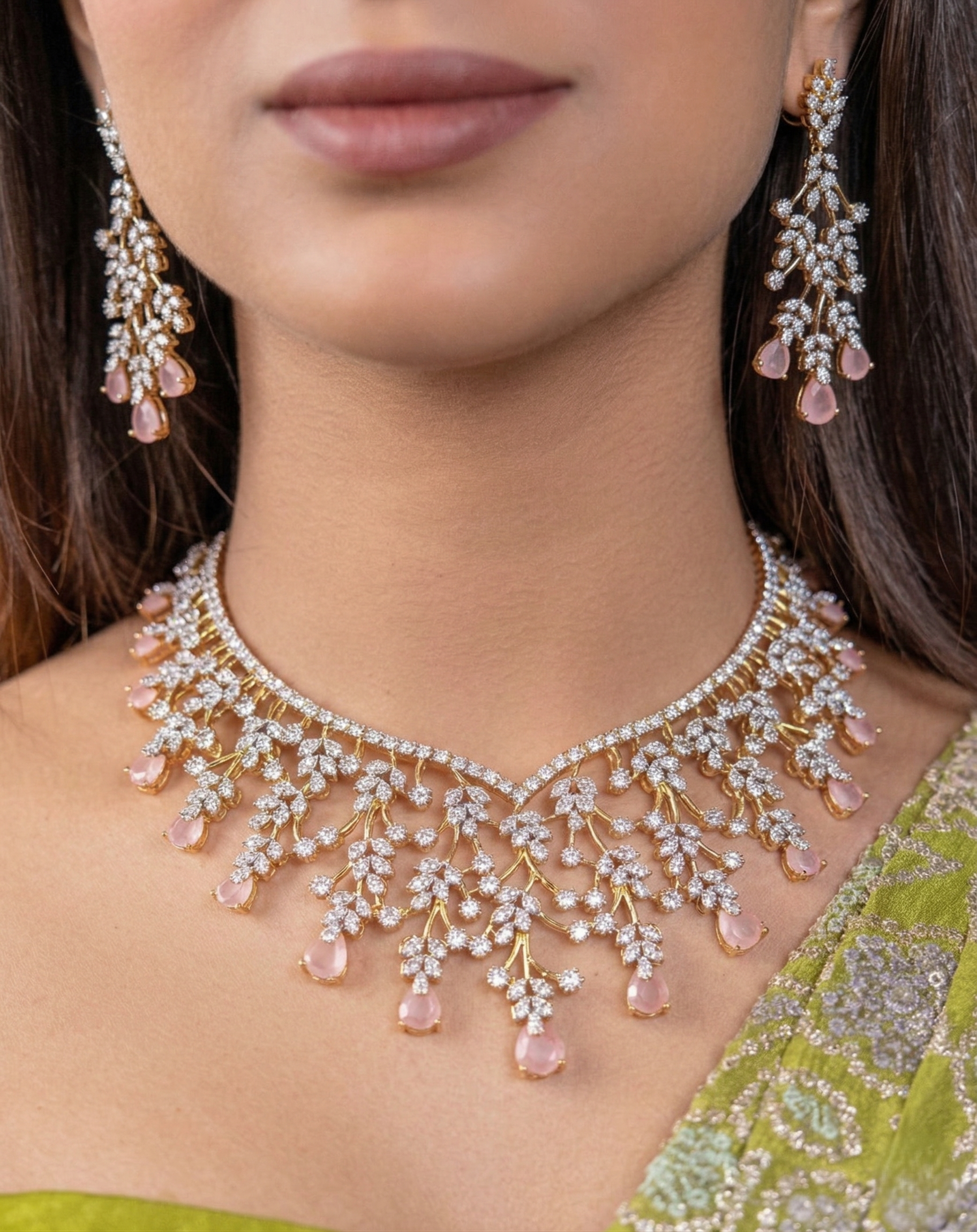 Gold Polish American Diamond Pink Stone Leaf Design Necklace Set