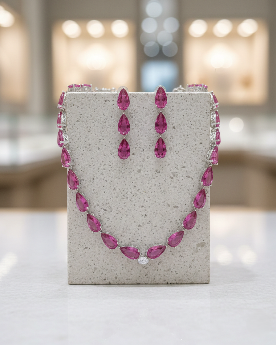 Pink gemstone necklace on a textured white stand with blurred lights in the background