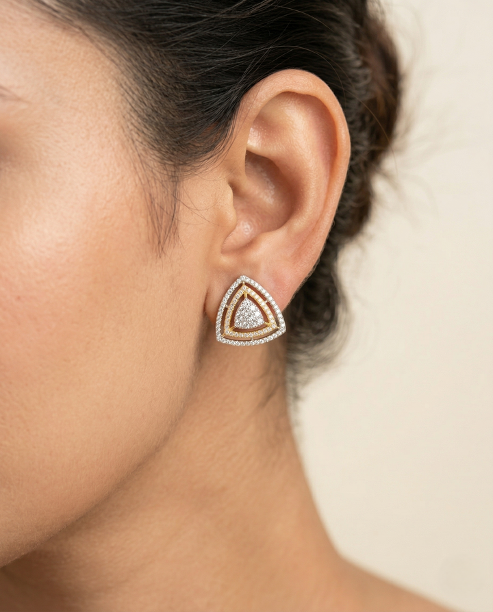 Aurelia TriLuxe Studs – Geometric Diamond Triangle Earrings in Gold & Silver Finish
