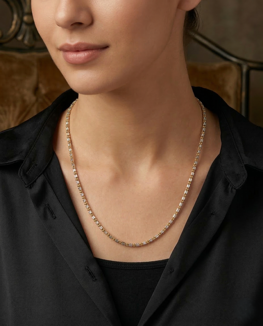 Three Line Two Tone Designer Beaded Chain Necklace Gold Silver