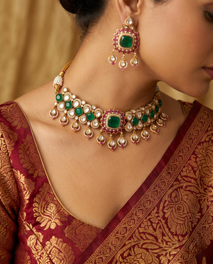 Emerald Kundan Choker Necklace Set with Earrings – Royal Bridal Jewellery