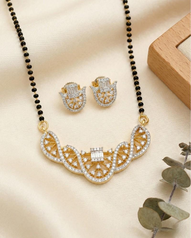 Wave Pattern Diamond-Style Mangalsutra with Black Bead Chain & Stud Earrings