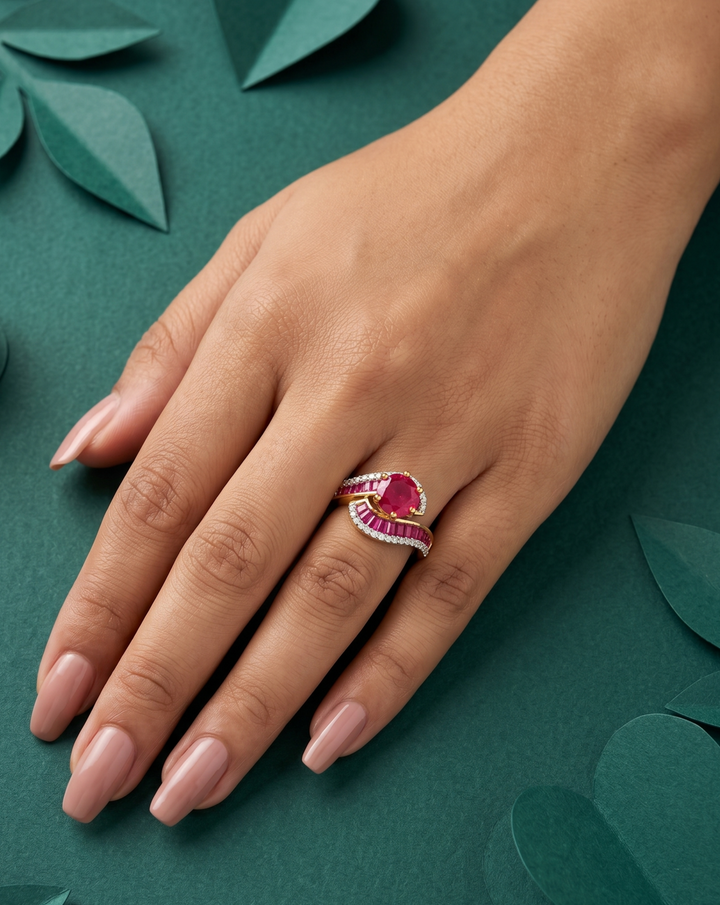 Royal Curve Stone Gold Plated Adjustable Ring (Ruby Red, Diamond White, Emerald Green)
