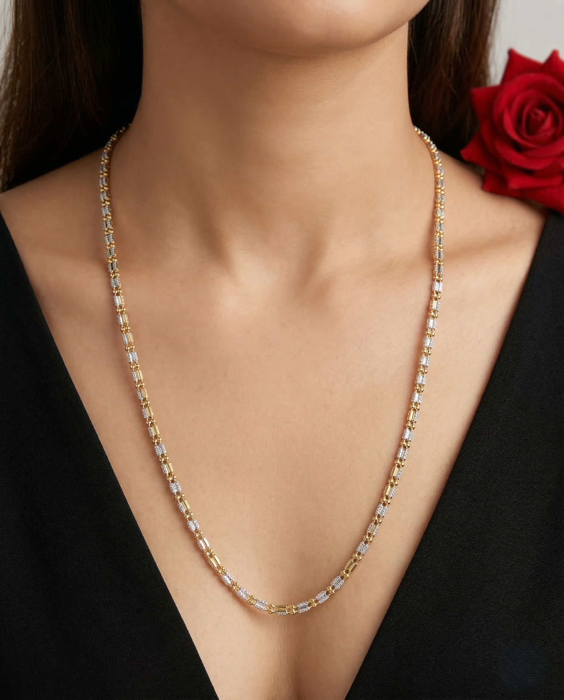 Two Tone Box Pattern Long Chain Necklace | Gold Silver Textured Chain for Women