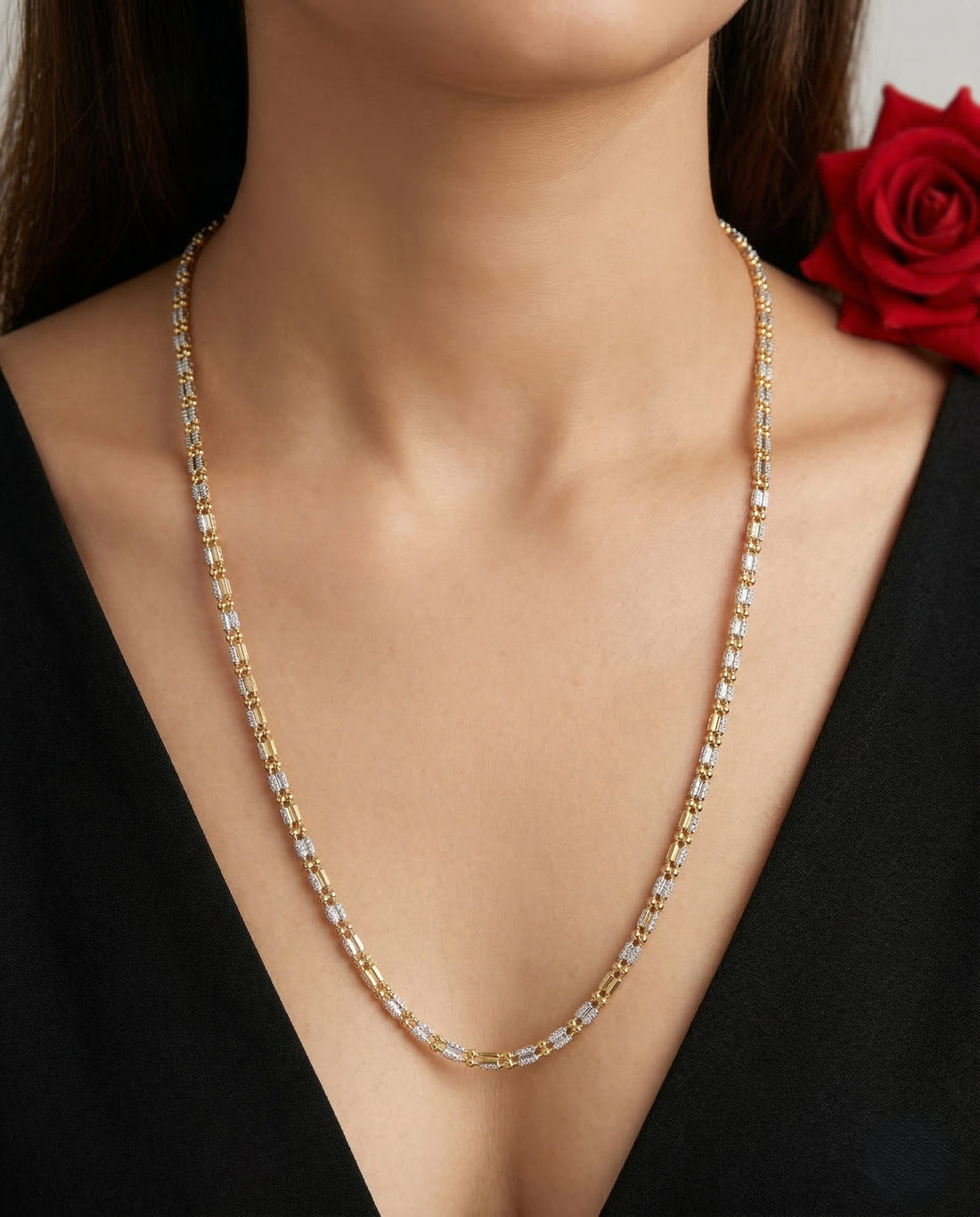 Two Tone Box Pattern Long Chain Necklace | Gold Silver Textured Chain for Women