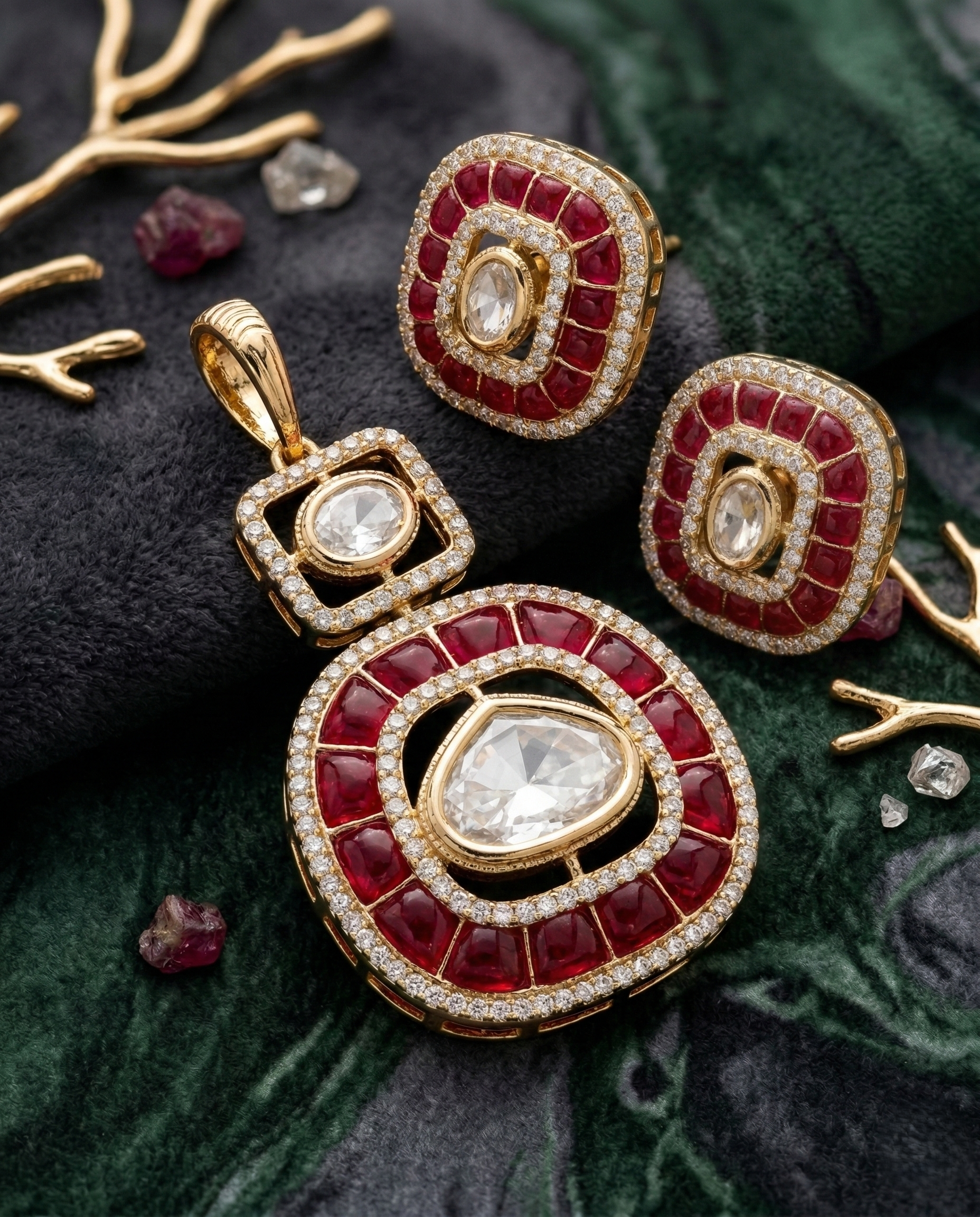 Kundan Pendant Set with Stud Earrings in Ruby, Emerald and Blue Variants