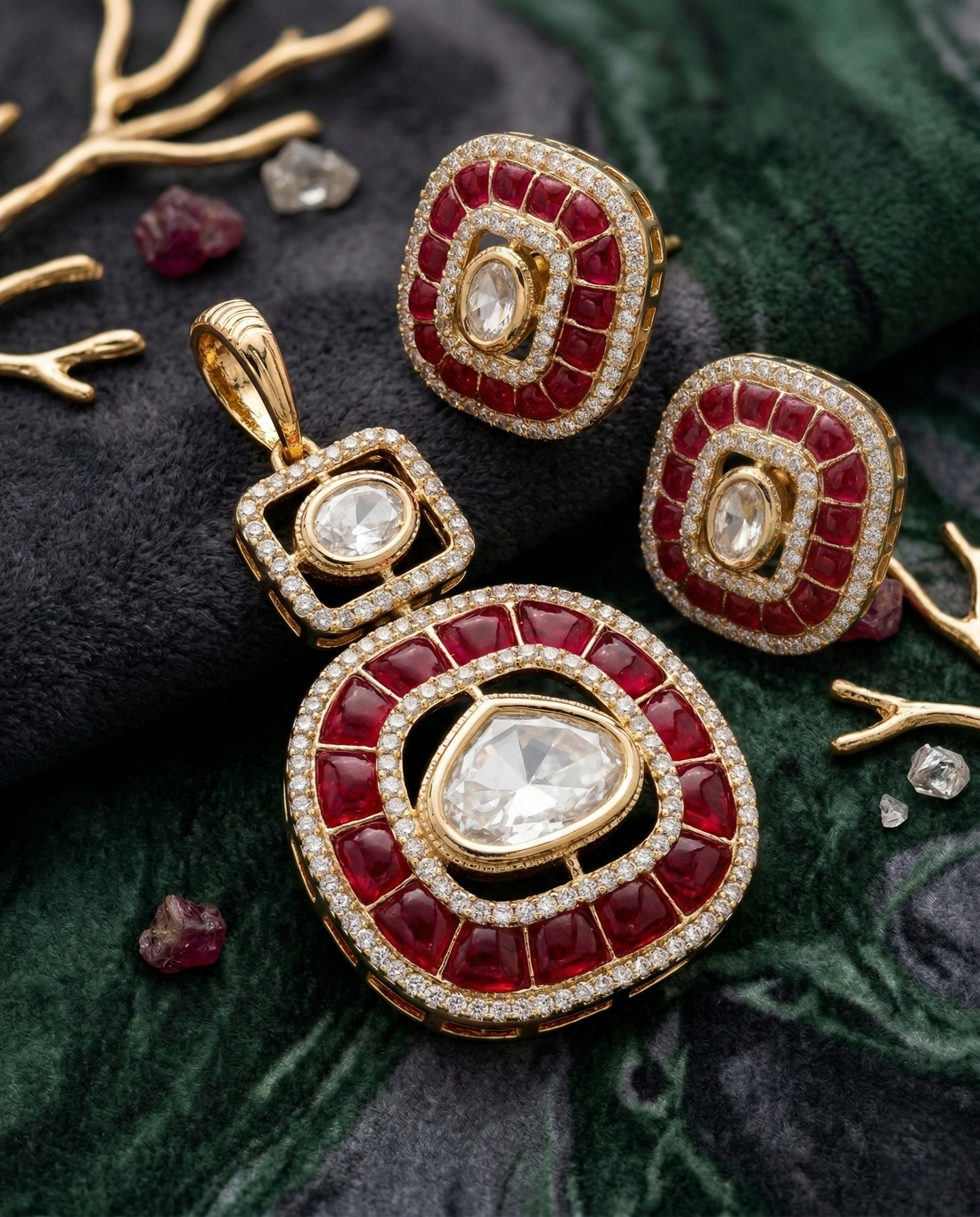 Kundan Pendant Set with Stud Earrings in Ruby, Emerald and Blue Variants