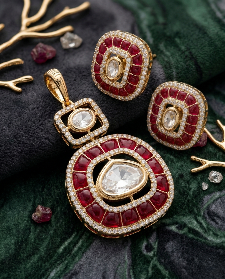 Kundan Pendant Set with Stud Earrings in Ruby, Emerald and Blue Variants