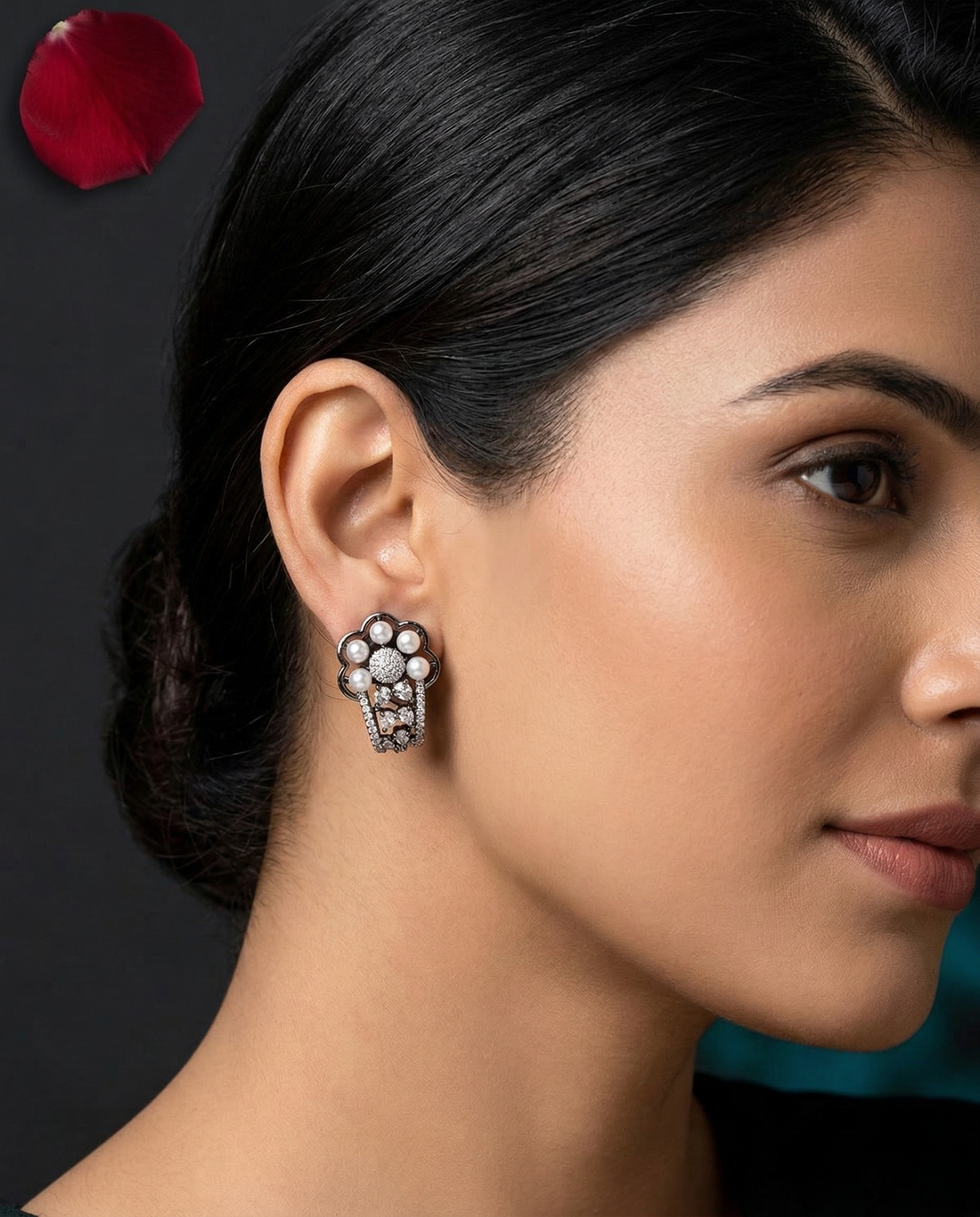Designer Pearl & CZ Jhumka Stud Earrings – Gold & Oxidised Black Polish