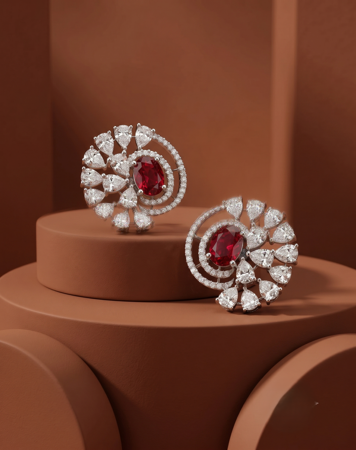Premium Royal Spiral Bloom Earrings – White Polish Diamond Statement Design