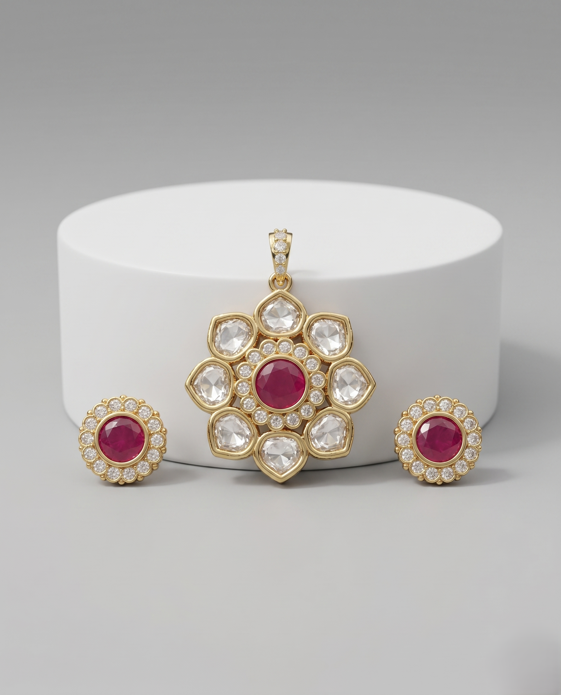 Noorpushp Kundan Pendant Set with Stud Earrings  Floral Jewellery Set