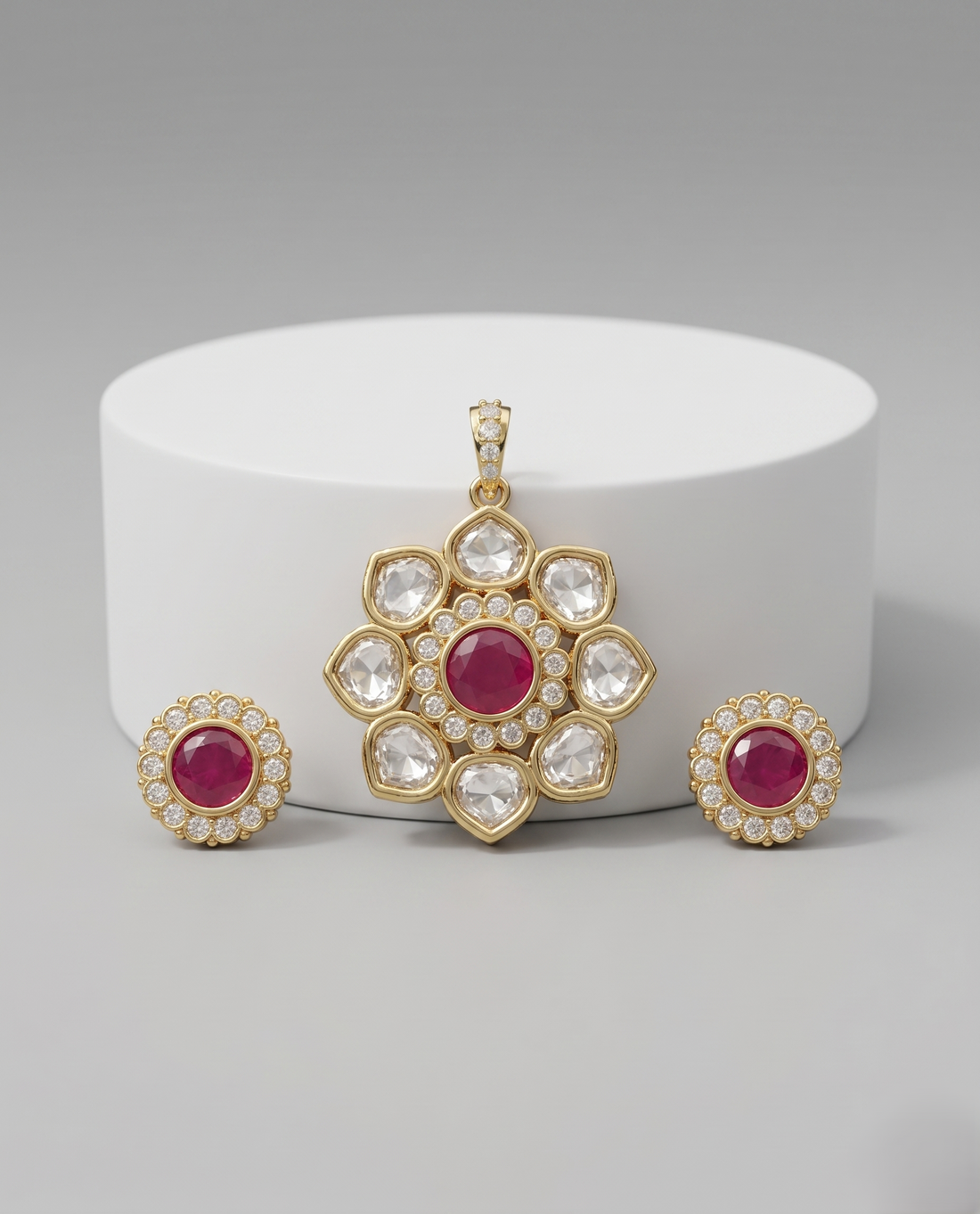 Noorpushp Kundan Pendant Set with Stud Earrings  Floral Jewellery Set