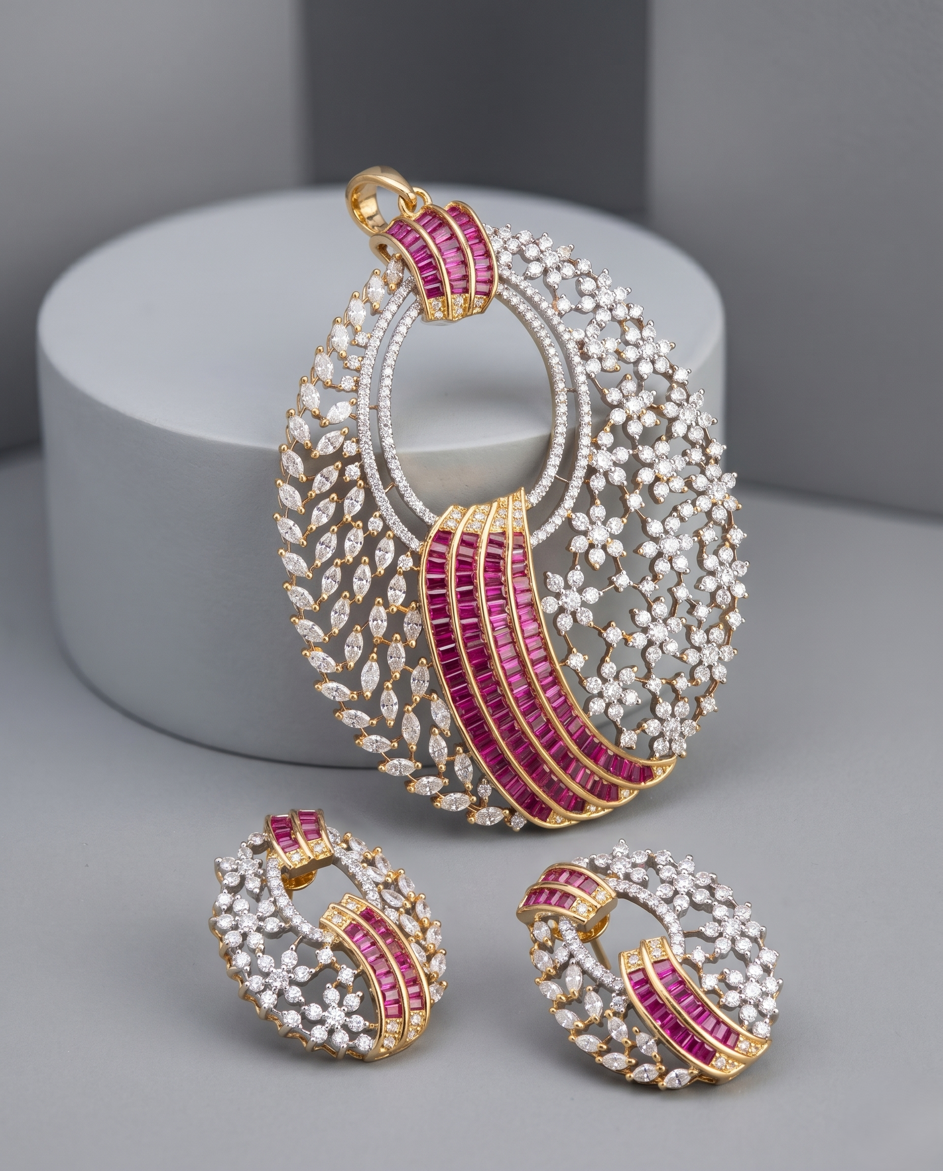 Celestia Ruby Stone American Diamond Pendant Set