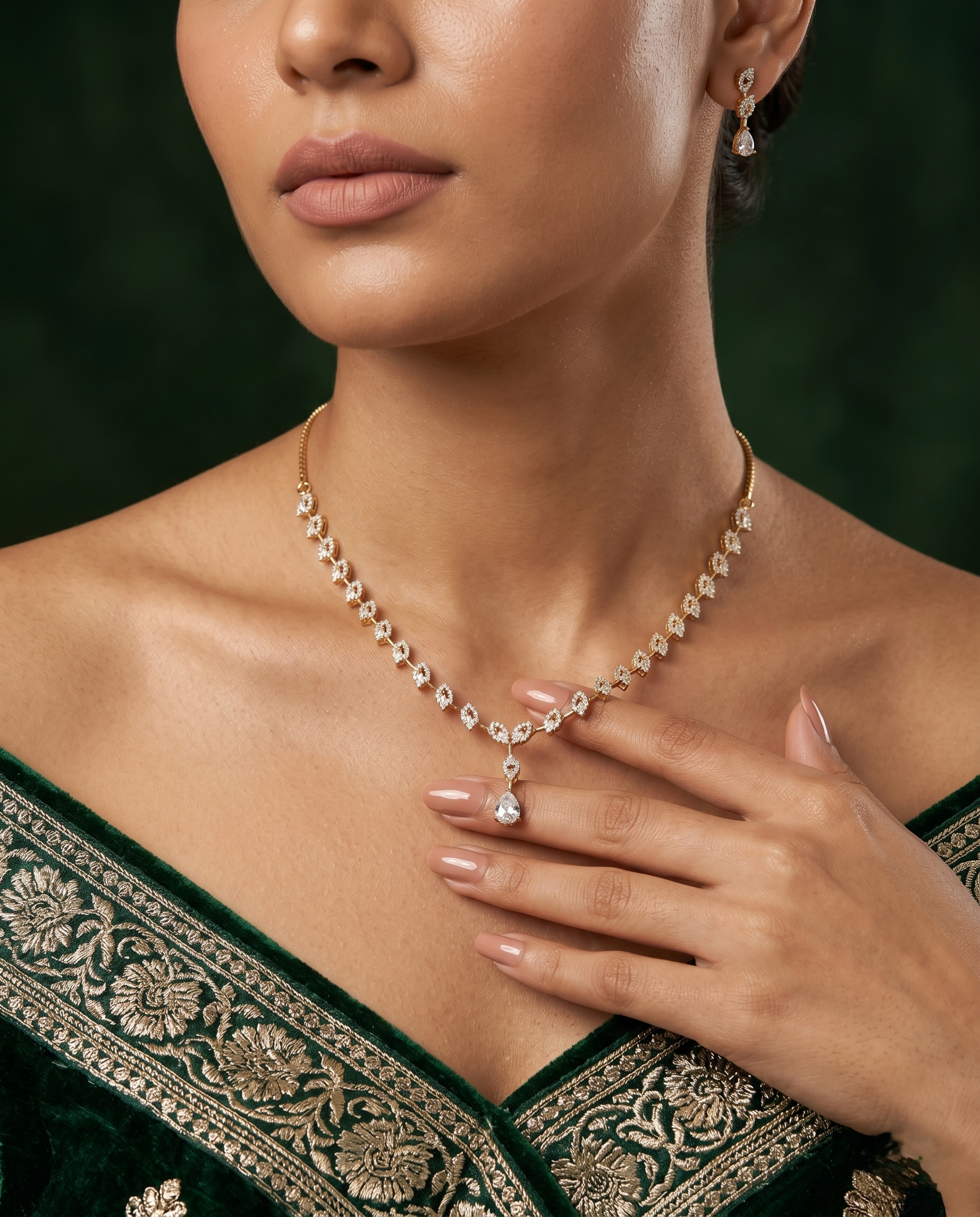 Gold Finish Diamond Look Necklace Set with Teardrop Pendant