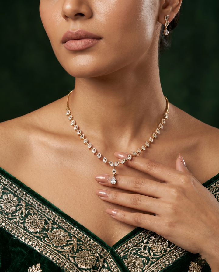 Gold Finish Diamond Look Necklace Set with Teardrop Pendant