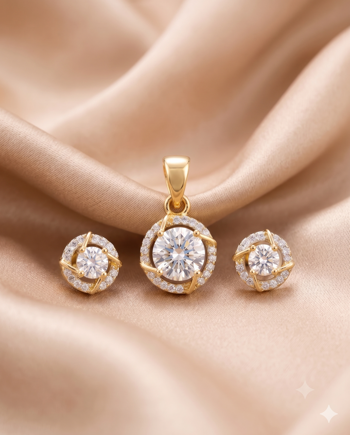 Premium Solitaire Sparkle Pendant Set with Earrings (Gold / Silver Finish)