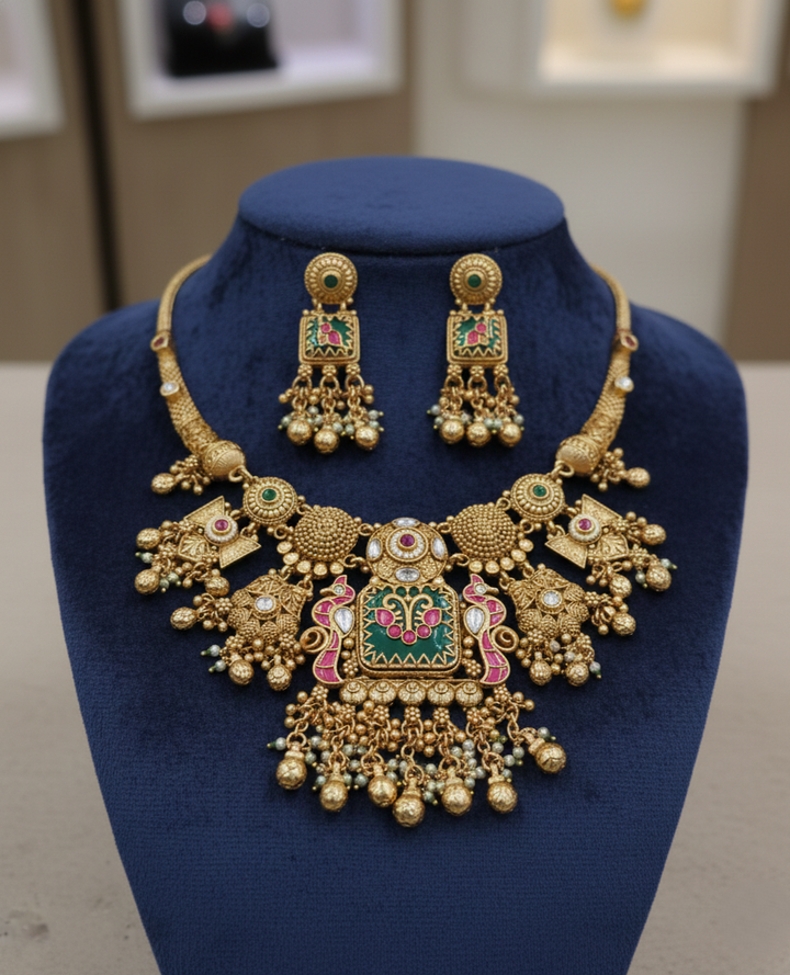 Antique Gold Green Enamel Temple Necklace Set with Pink Stones & Ghungroo Work