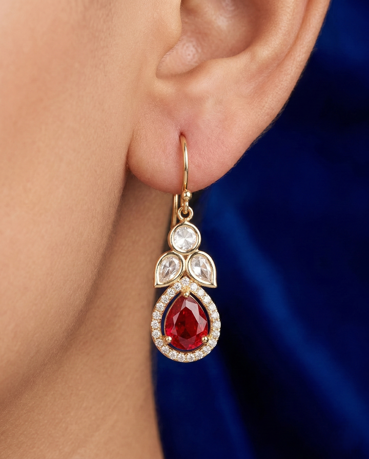 Premium Kundan Teardrop Earrings Green Red Gold Finish