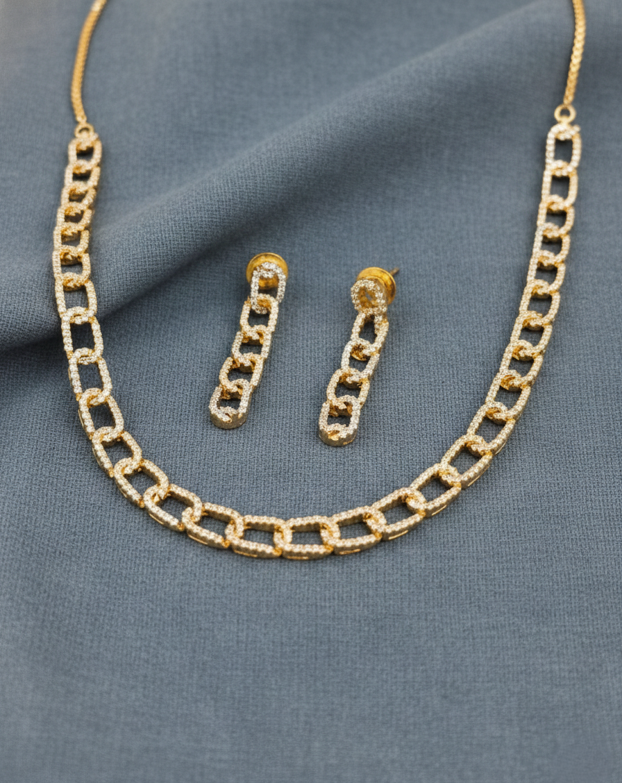 Gold Finish Linked Diamond Look Necklace Set with Drop Earrings