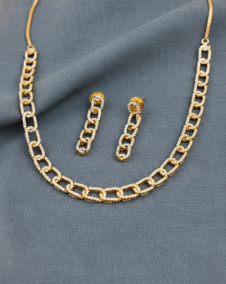 Gold Finish Linked Diamond Look Necklace Set with Drop Earrings
