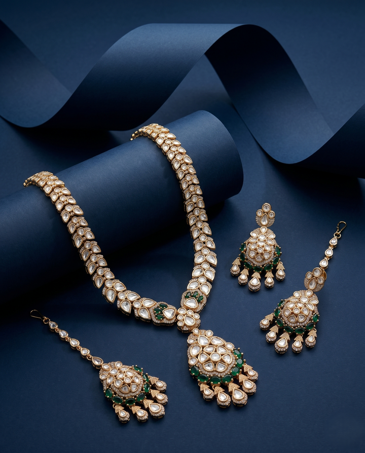 Mahira Emerald Green Moissanite Necklace Set with Earrings