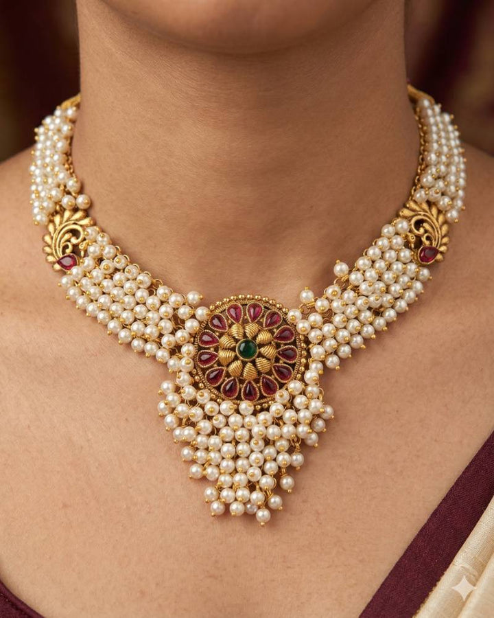 Antique Gold Pearl Layered Necklace Set with Ruby Floral Pendant and Matching Earrings