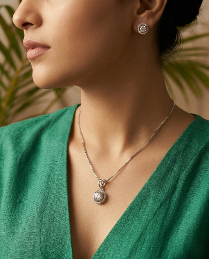 Premium Solitaire Sparkle Pendant Set with Chain & Earrings (Gold / Silver Finish)