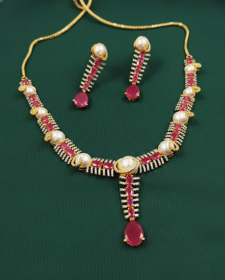 Ruby Red Stone & Pearl Diamond Necklace Set with Matching Earrings – Gold Polish