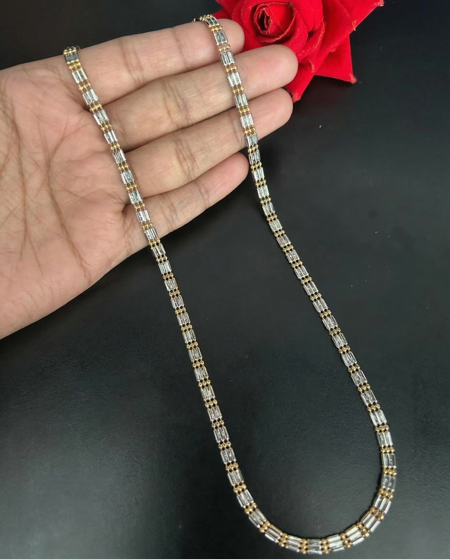 Two Tone Bar Link Chain Necklace | Silver Rectangular Link Gold Bead Long Chain for Women