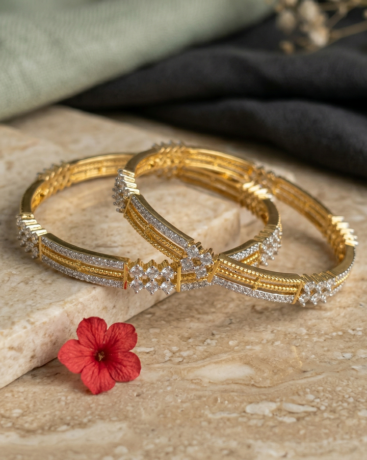 Openable Premium Sparkle Design Diamond Floral Line Bangles Pair Gold Tone