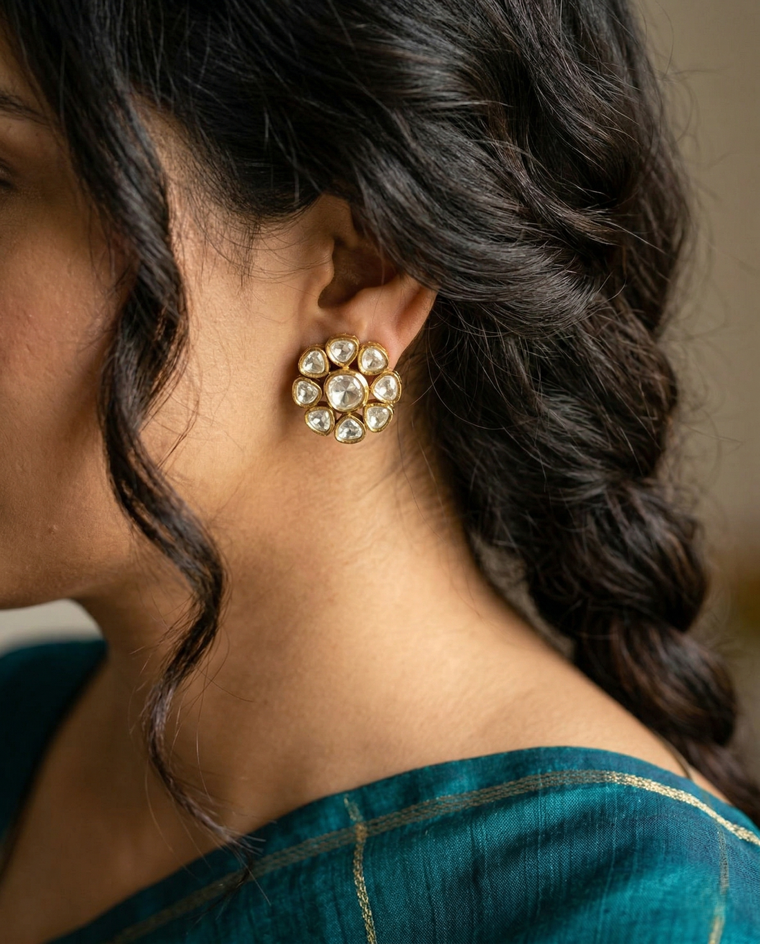 Classic Floral Kundan Stud Earrings Premium Gold Plated Traditional Design for Women