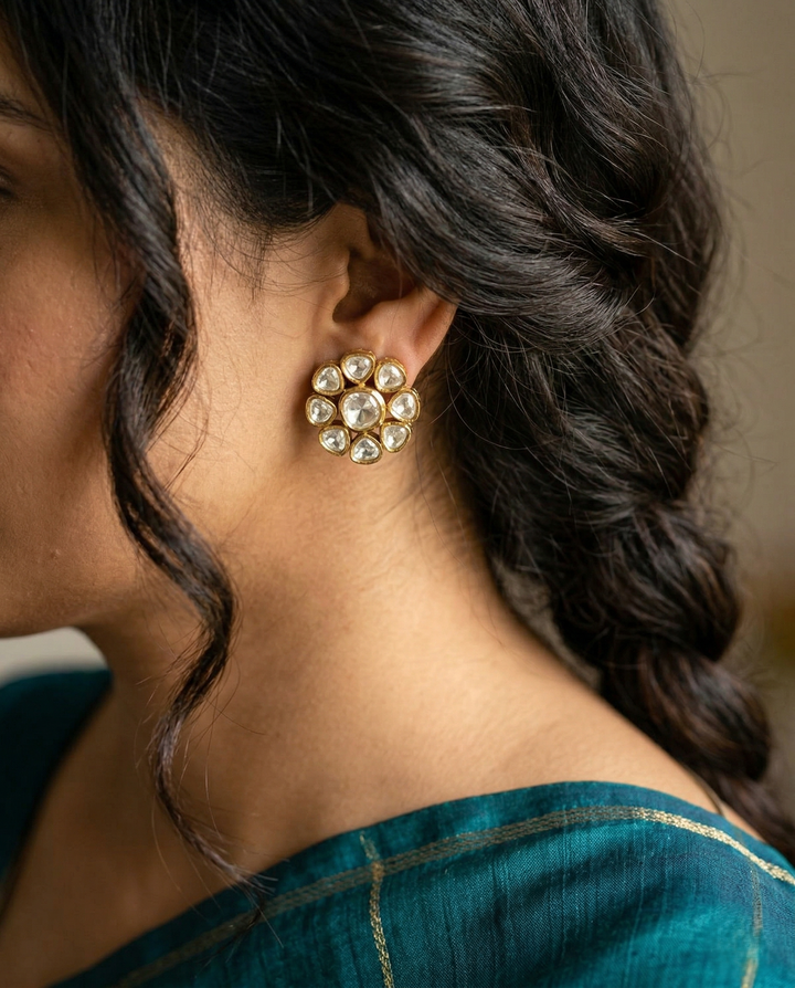 Classic Floral Kundan Stud Earrings Premium Gold Plated Traditional Design for Women