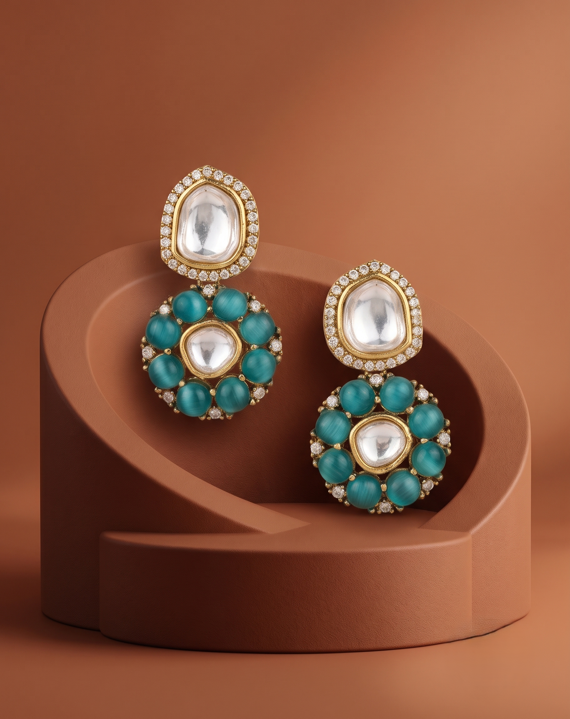 Polki & Cat Eye Stone Drop Earrings with Halo Setting (2 Color Variants) in Gold Finish