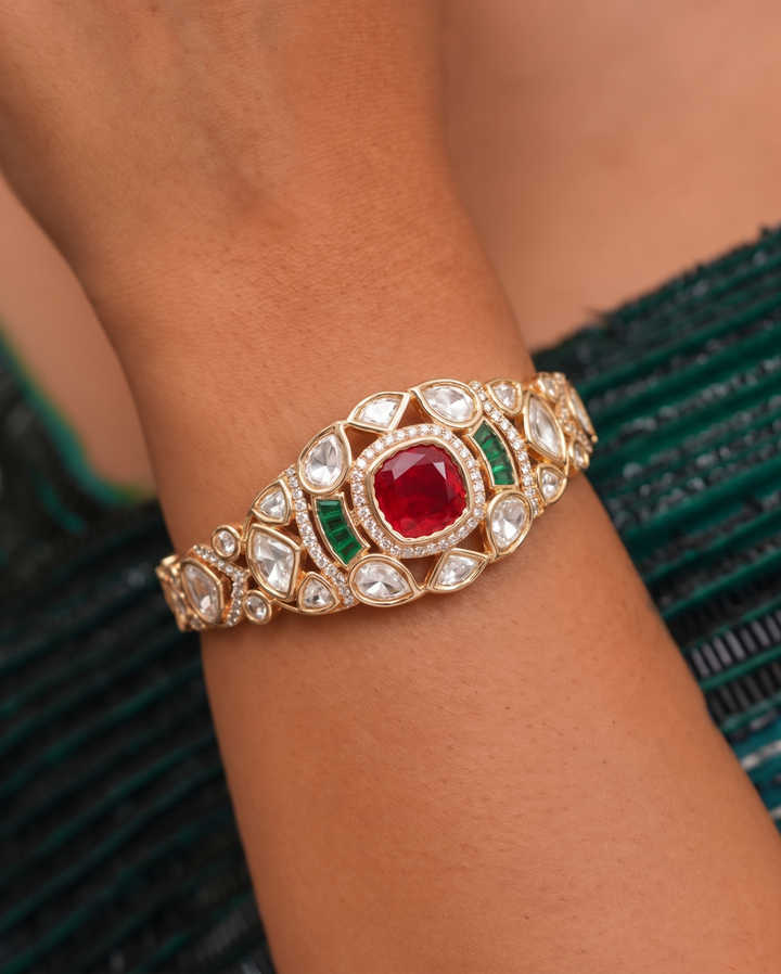 Royal Ruby Kundan Statement Openable Gold Plated Bracelet with Emerald Accents