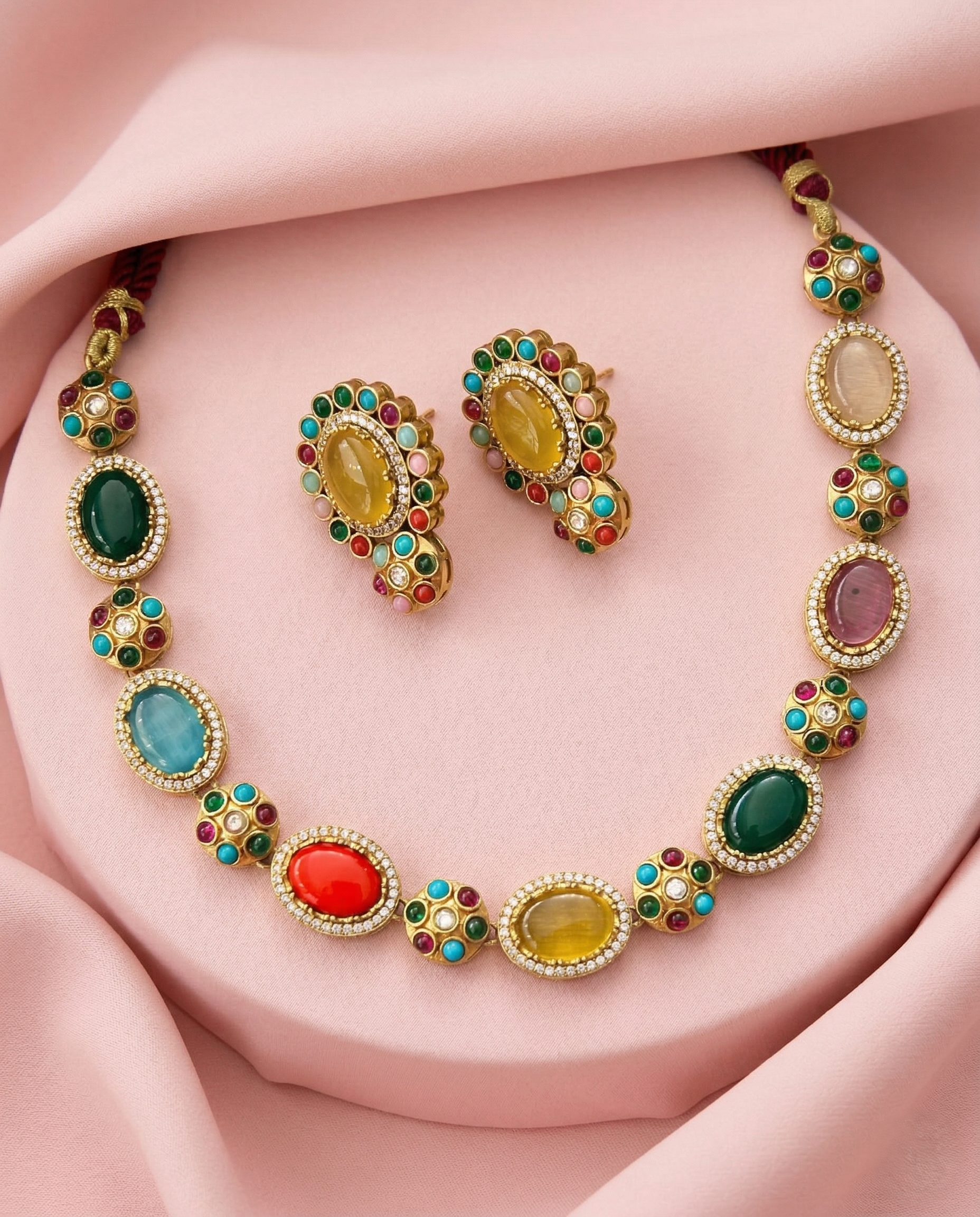 Premium Multicolor Oval Stone Statement Necklace Set (Green / Red / Yellow Variants)