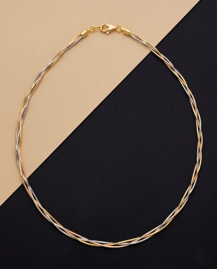 Three Tone Braided Hasli Chain Necklace | Gold Silver Rose Gold Twist Chain for Women