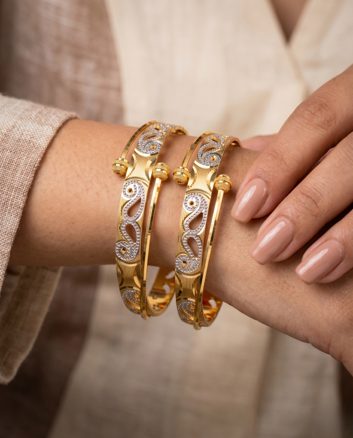 Openable Dual Tone Designer Bangles for Women | Gold Look Fancy Kada Pair