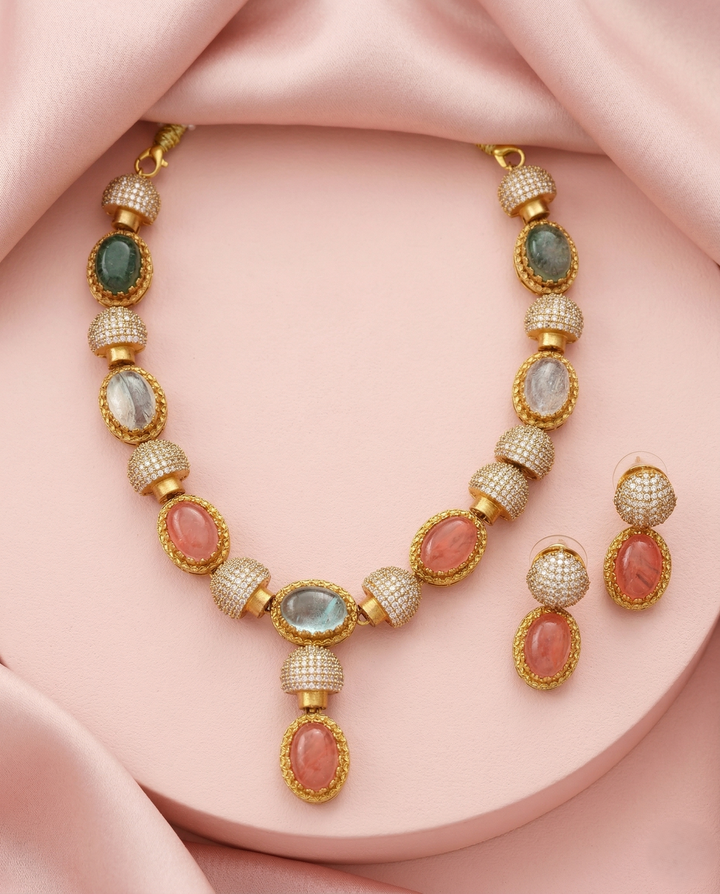Premium Champagne Multicolor Stone Designer Necklace Set with Earrings