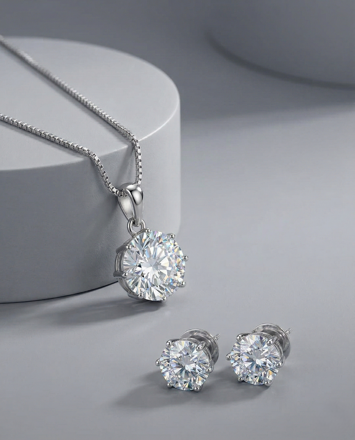 Premium Sparkle Large Solitaire Diamond Pendant with Chain & Matching Stud Earrings