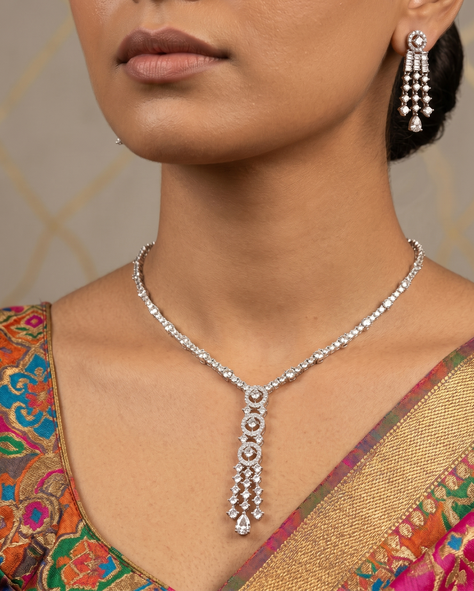 Elegant Y-Style Diamond Necklace Set with Matching Drop Earrings