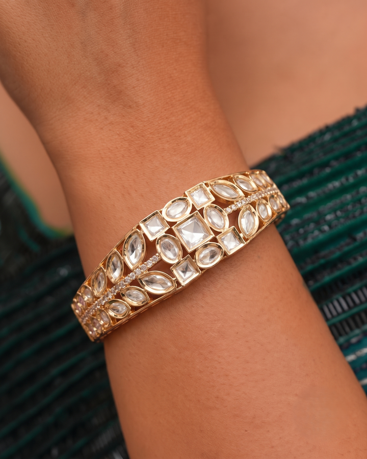 Elegant CZ Kundan Openable Gold Plated Bracelet in Diamond White Finish (2.4 & 2.6 Fit)
