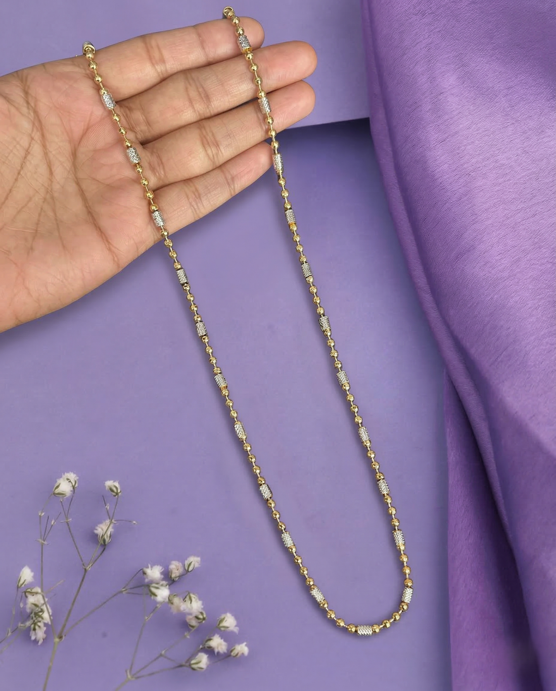 Two Tone Beaded Long Chain Necklace | Gold Ball & Silver Textured Bead Chain for Women