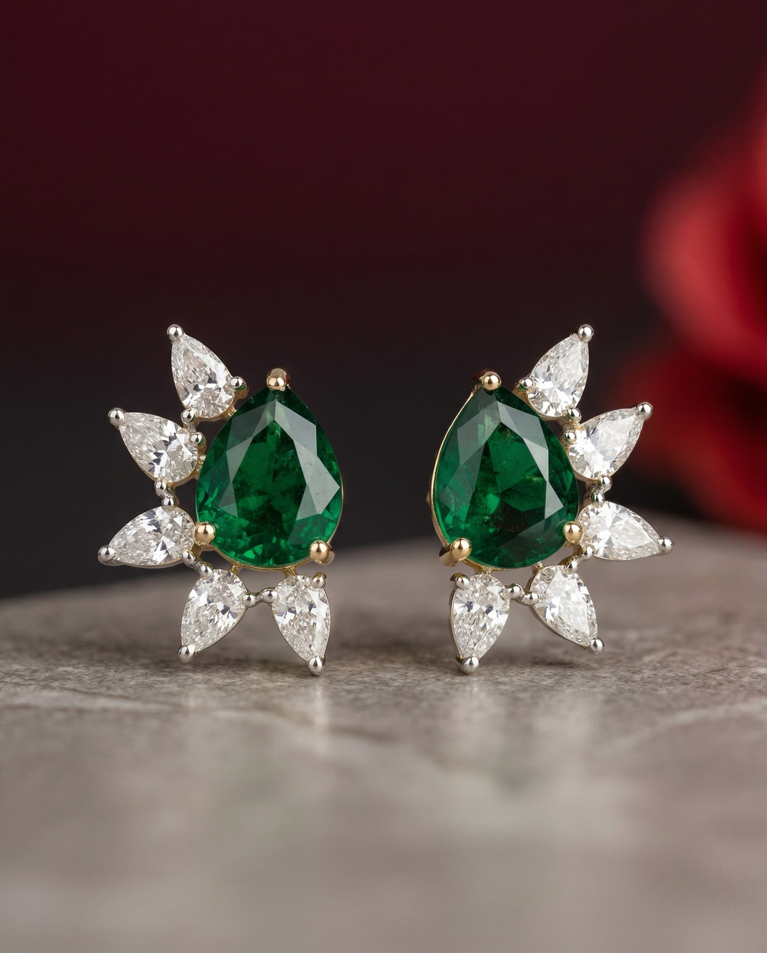 Celestia Bloom Studs – Pear Stone Diamond Floral Earrings (Multi Color Variants) - Silver Plated