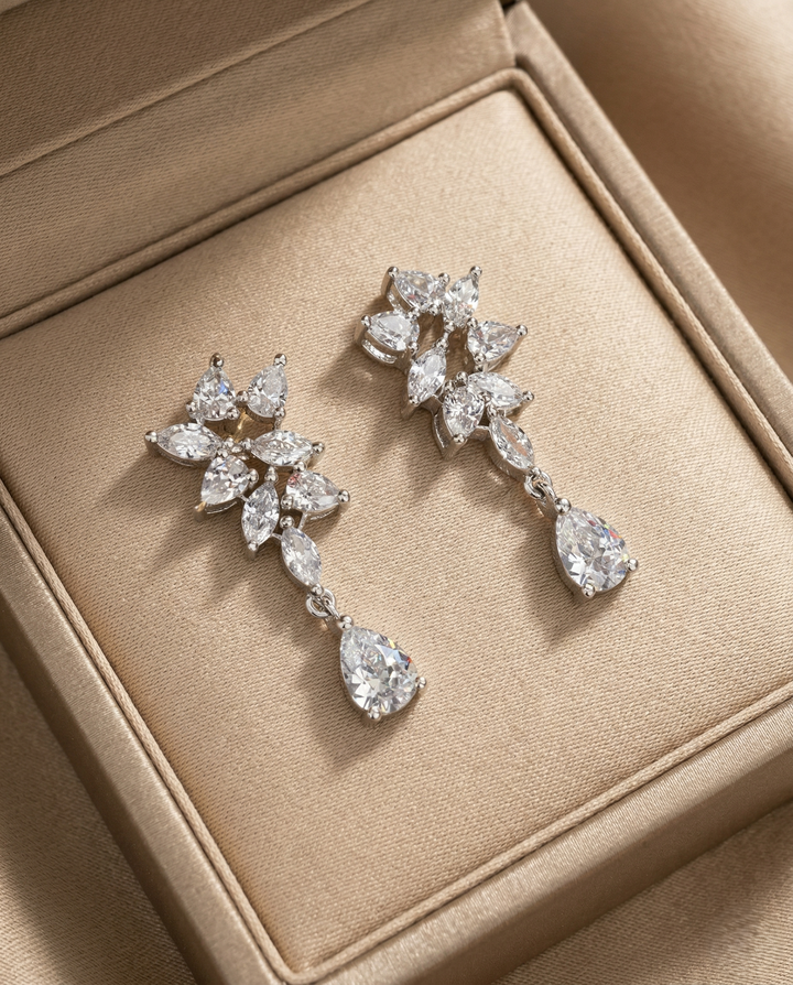 Premium Crystal Drop Diamond Floral Earrings for Women | Gold & Silver Finish Party Wear Earrings