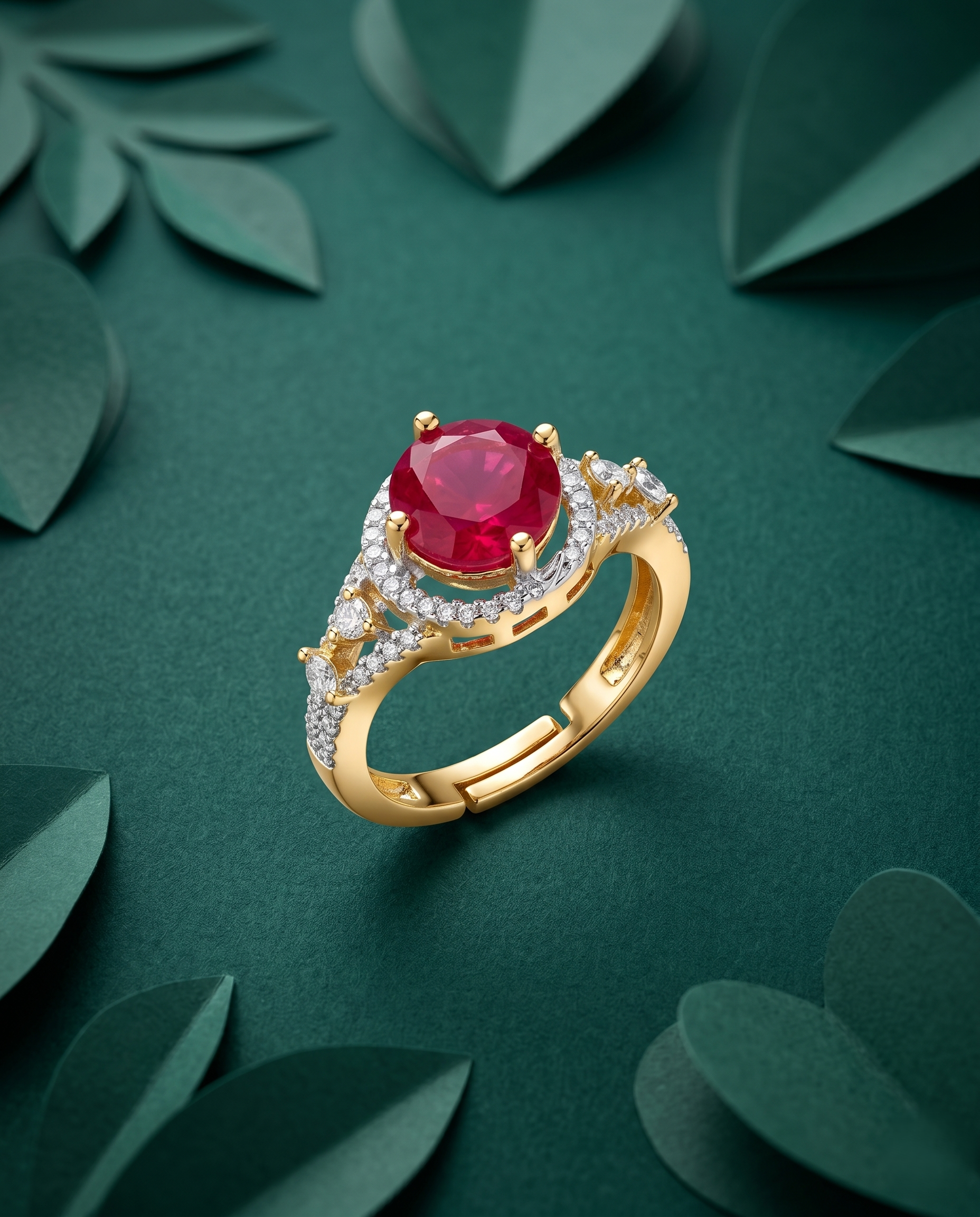 Royal Halo Stone Gold Plated Adjustable Ring (Ruby Red, Diamond White, Emerald Green)