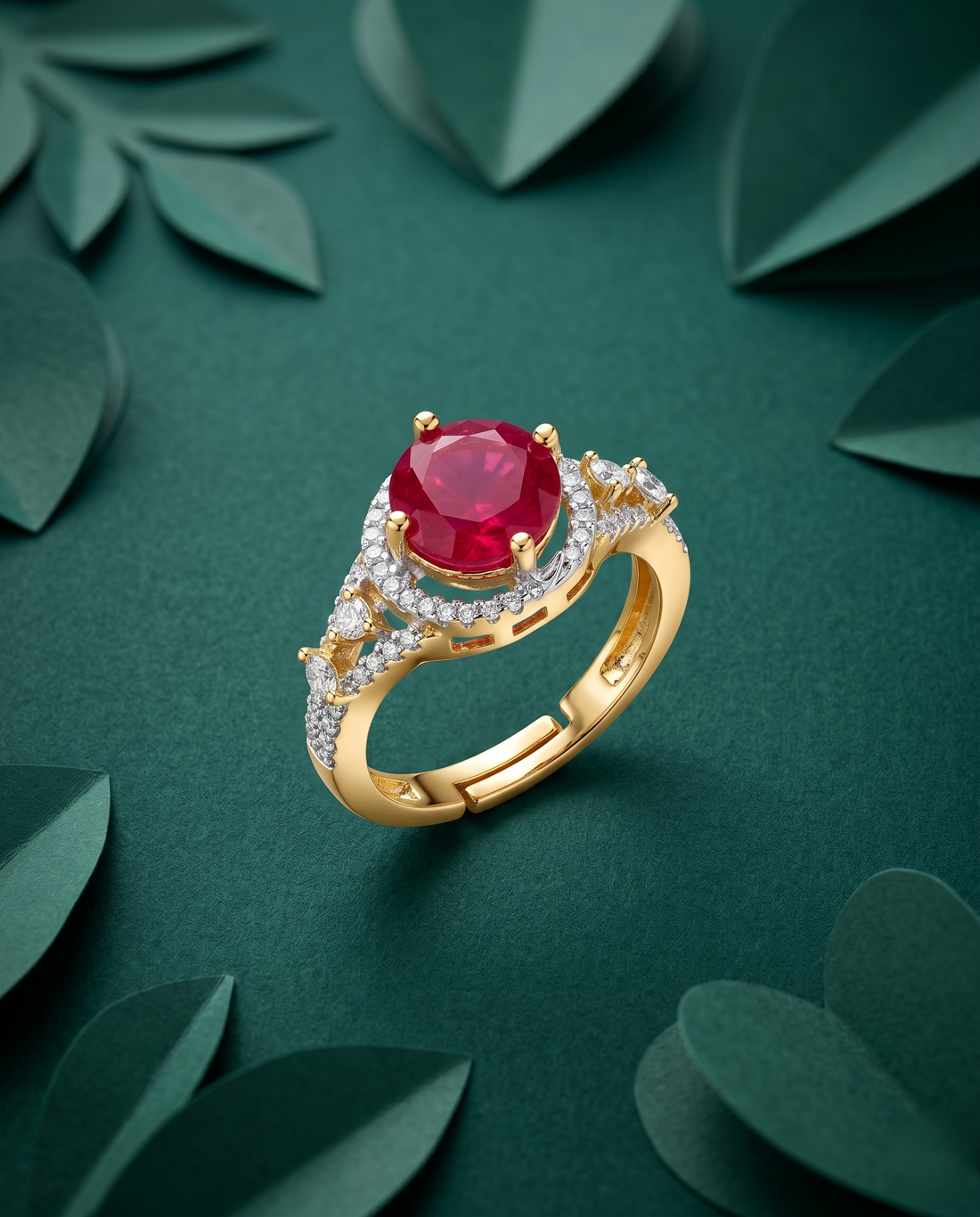Royal Halo Stone Gold Plated Adjustable Ring (Ruby Red, Diamond White, Emerald Green)