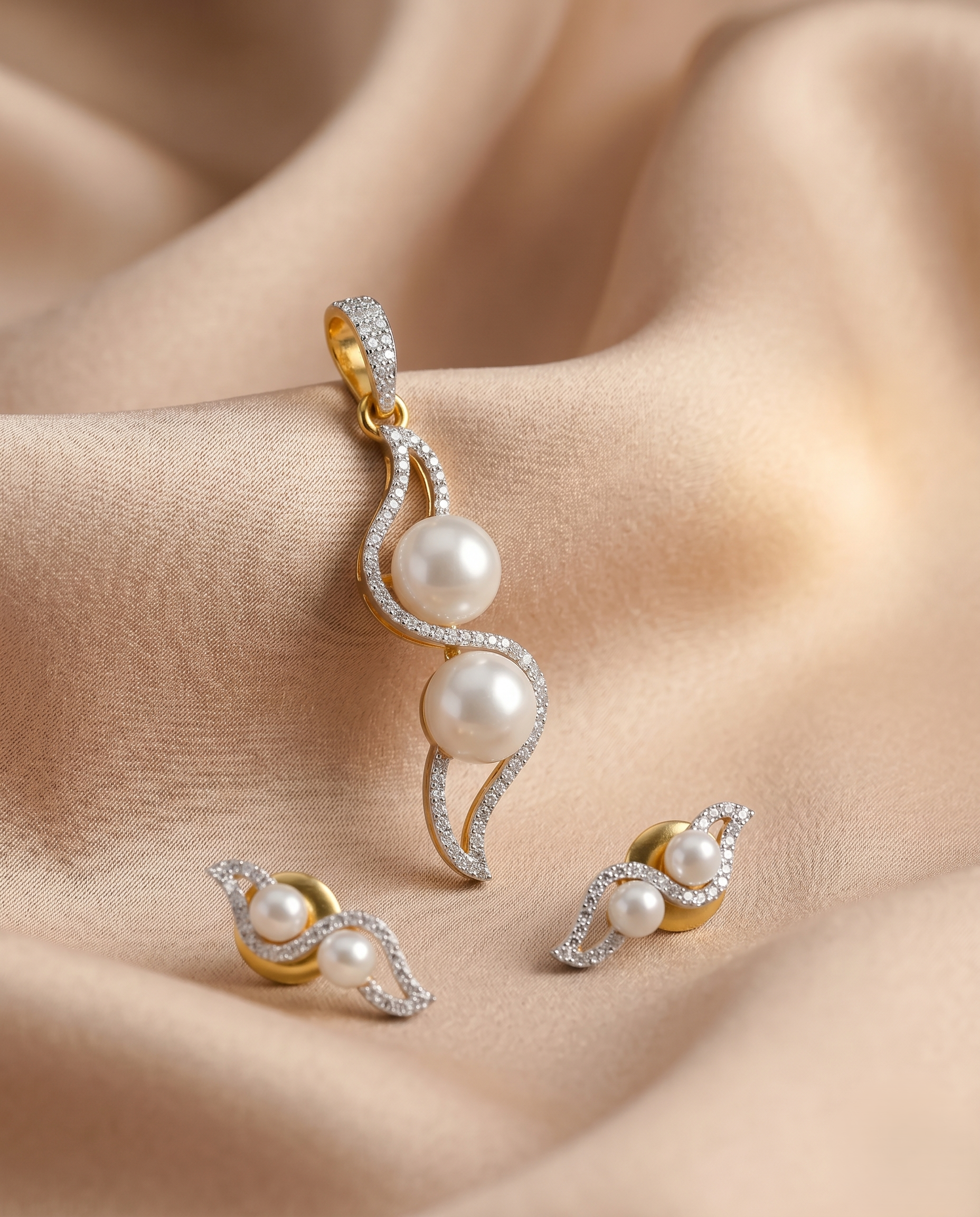Premium Dual Tone Diamond Swirl Pendant with Chain & Matching Earrings