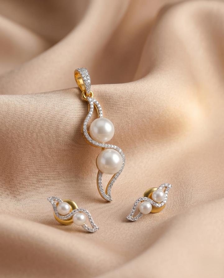 Premium Dual Tone Diamond Swirl Pendant with Chain & Matching Earrings