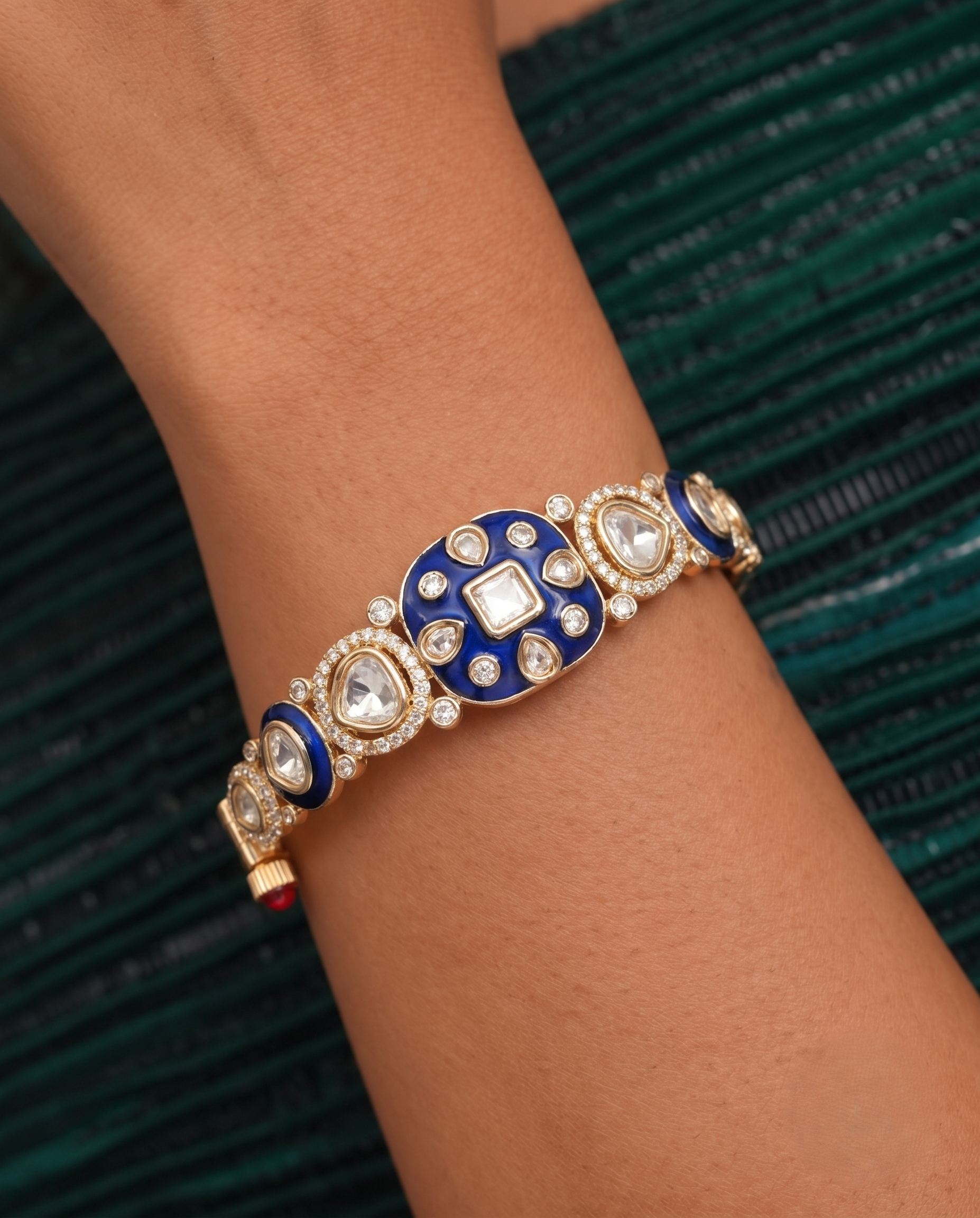 Royal Meenakari Kundan Openable Gold Plated Bracelet in Emerald & Royal Blue Finish (2.4 & 2.6 Fit)